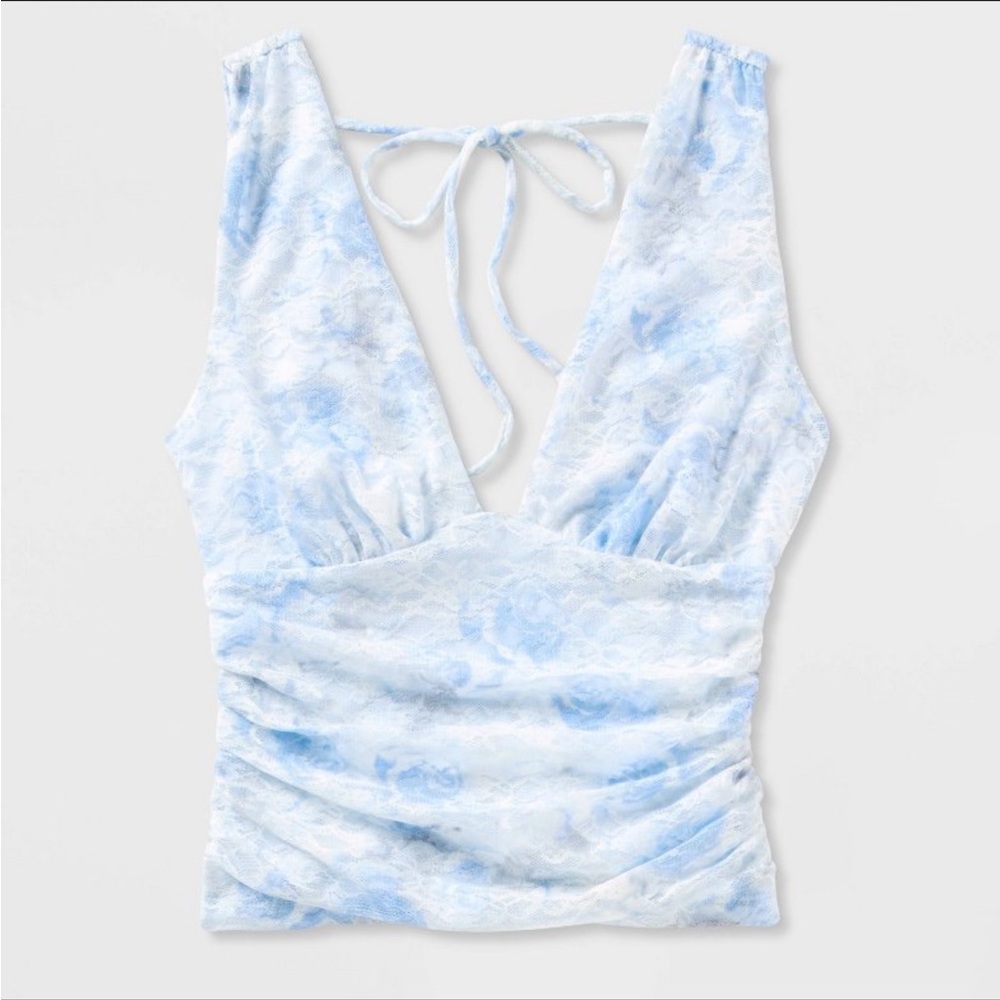 NWT Women’s Printed Rushed Lace Tank Top inBlue Floral Size XXS - Picture 4 of 5